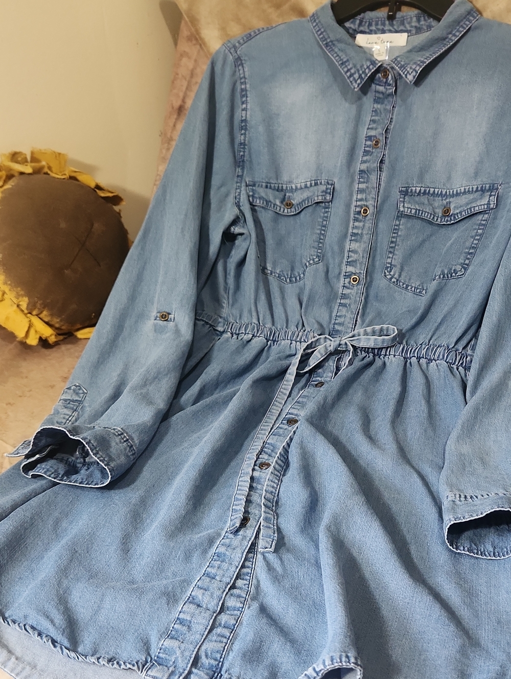 Love Tree Light Blue Denim Shirt Dress with Tie Waist
